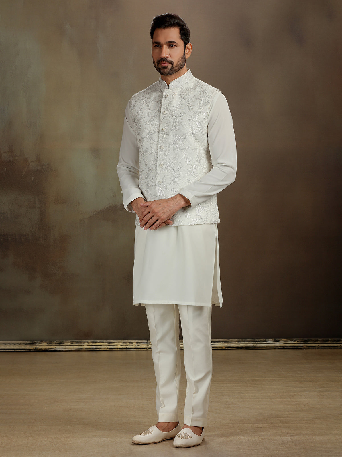 Cream silk thread work waistcoat set for men