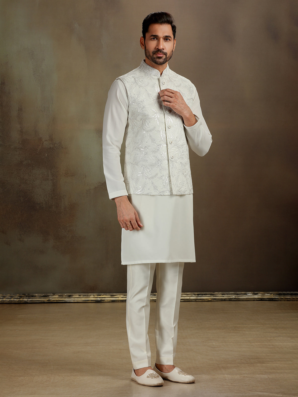 Cream silk thread work waistcoat set for men