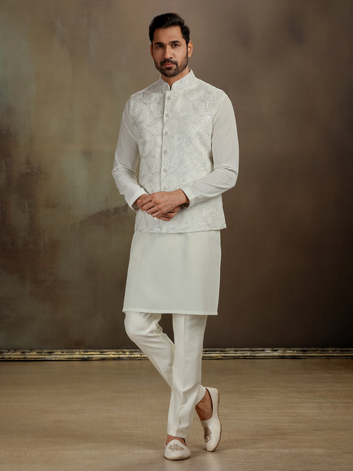 Cream silk thread work waistcoat set for men