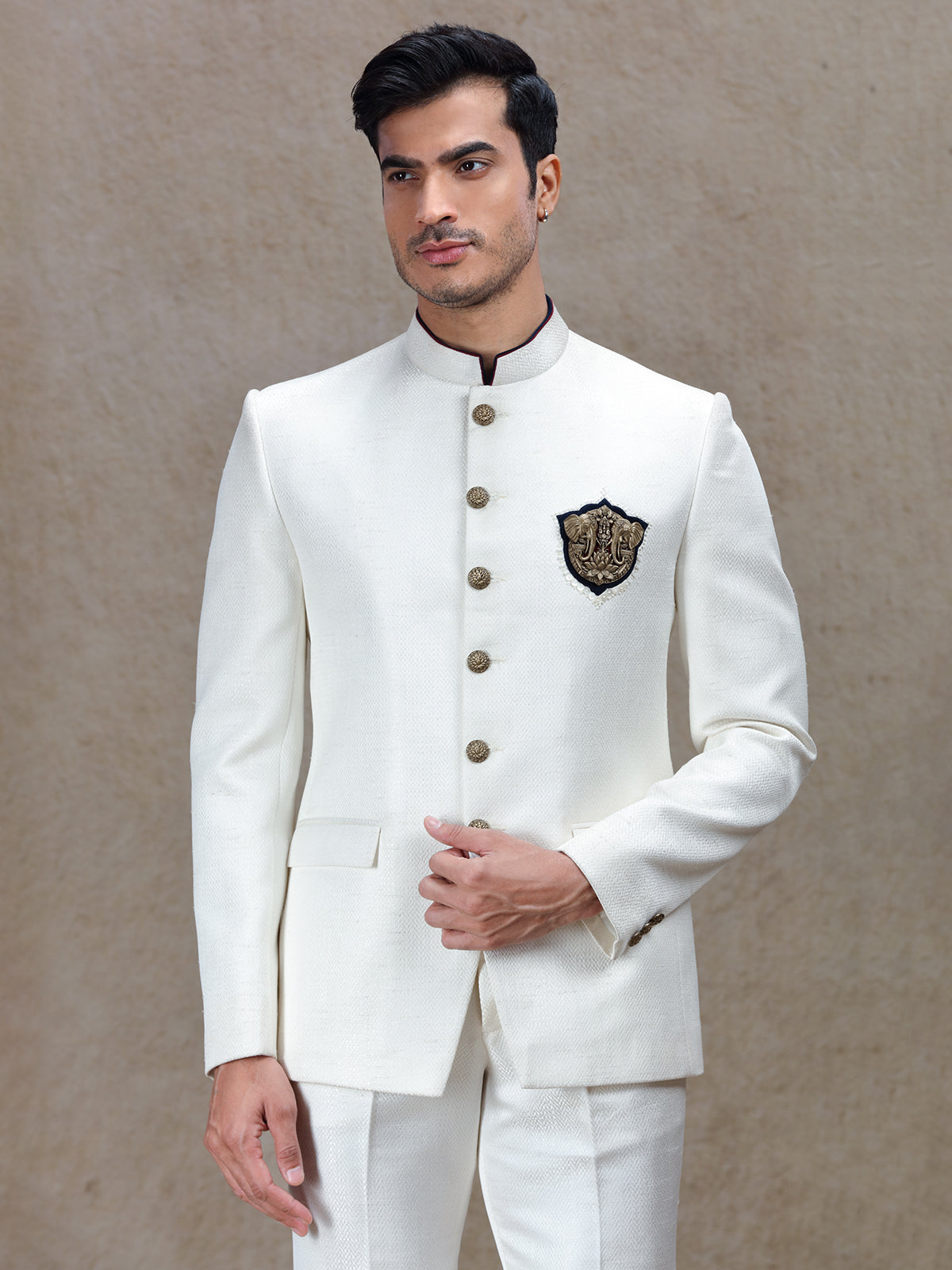 Cream textured bandh gala jodhpuri suit for men