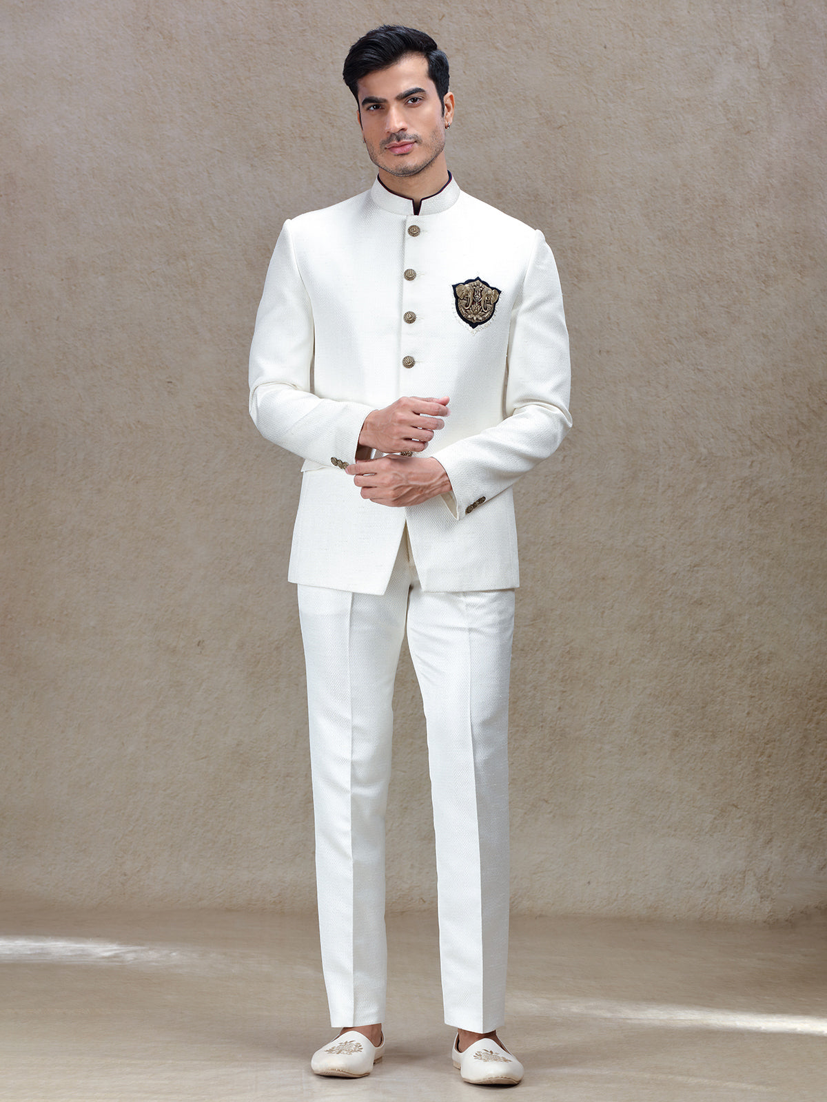 Cream textured bandh gala jodhpuri suit for men