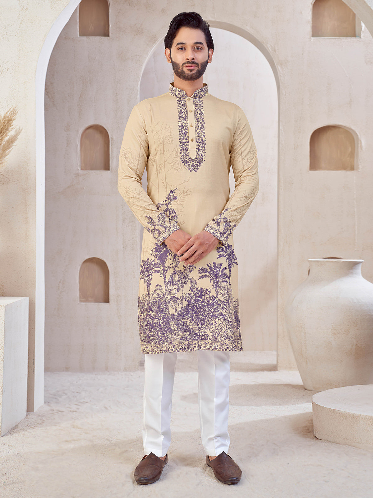 Dark Beige printed cotton kurta suit