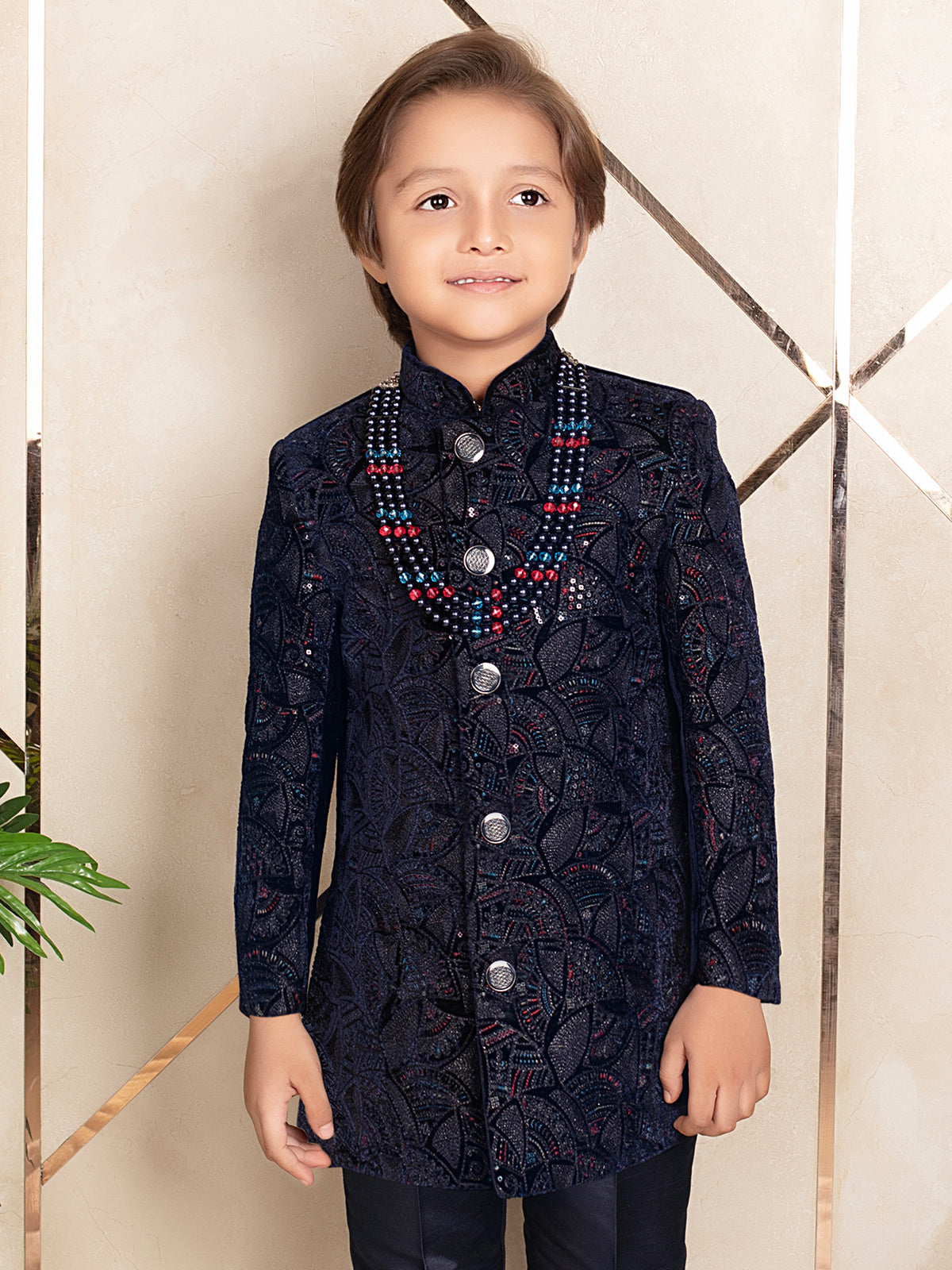 Dark blue charming indo western in velvet for boys