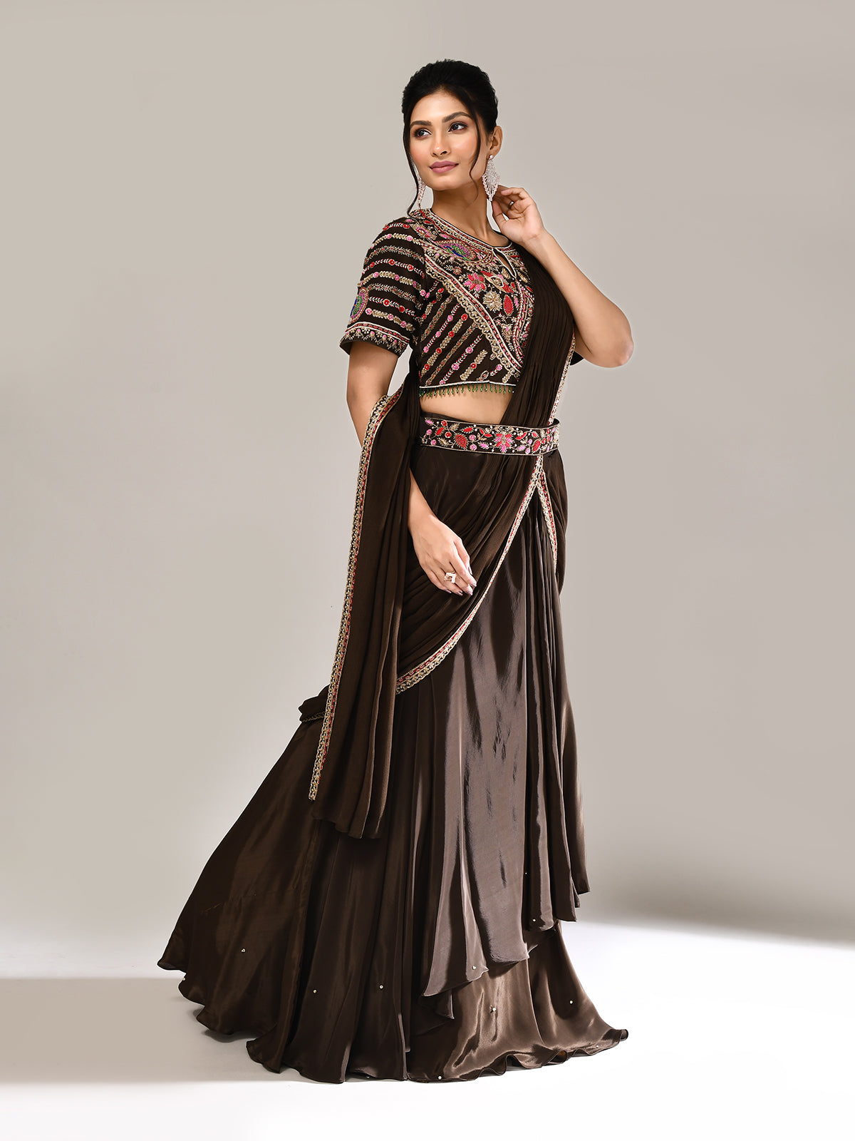 Dark brown silk lehenga choli with attached dupatta