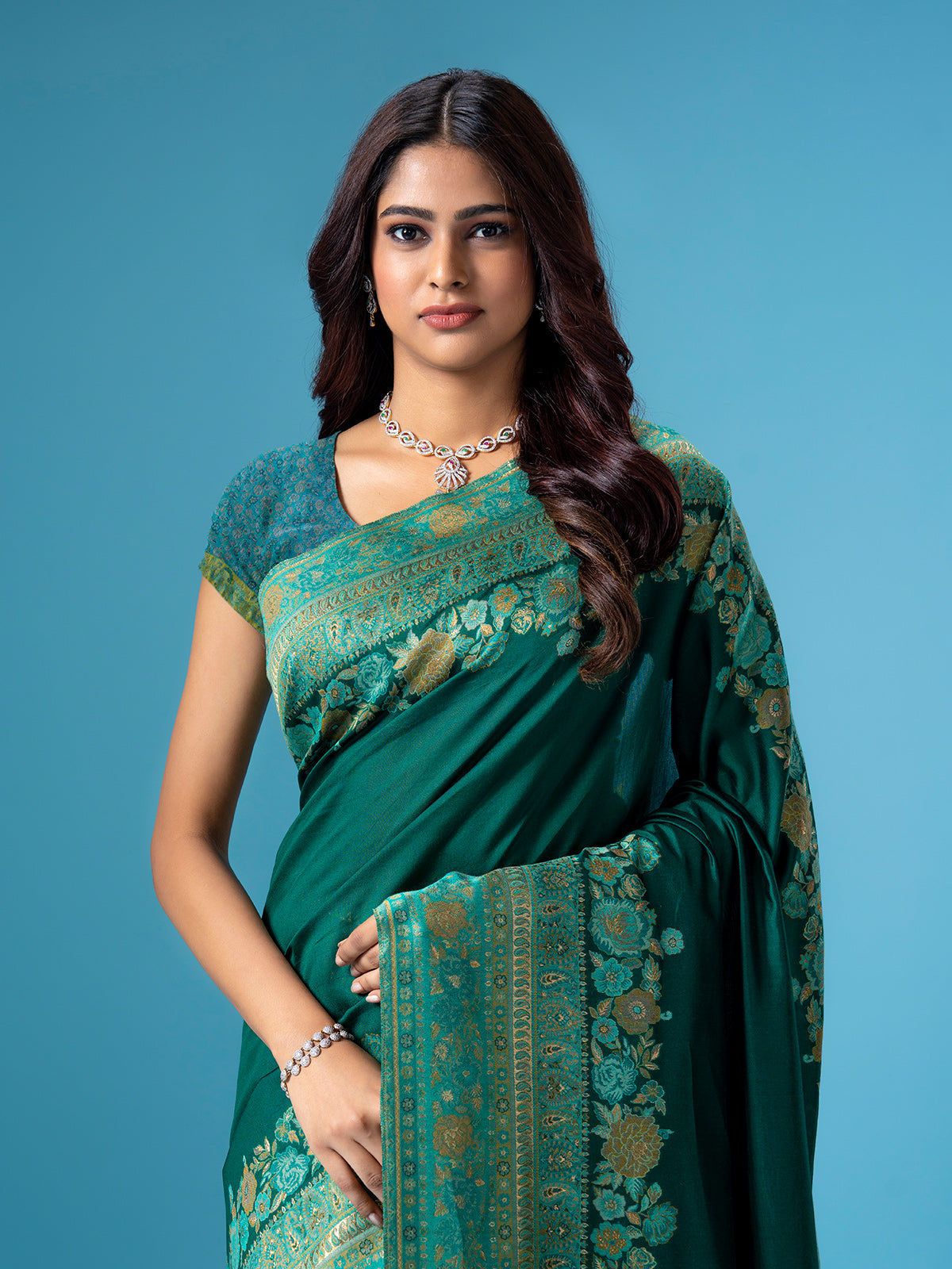 Dark green sare in pashmina silk