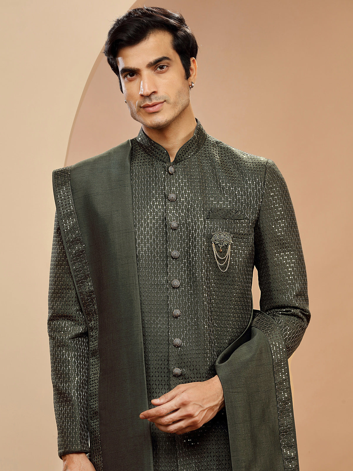 Dark green silk indowestern with dupatta