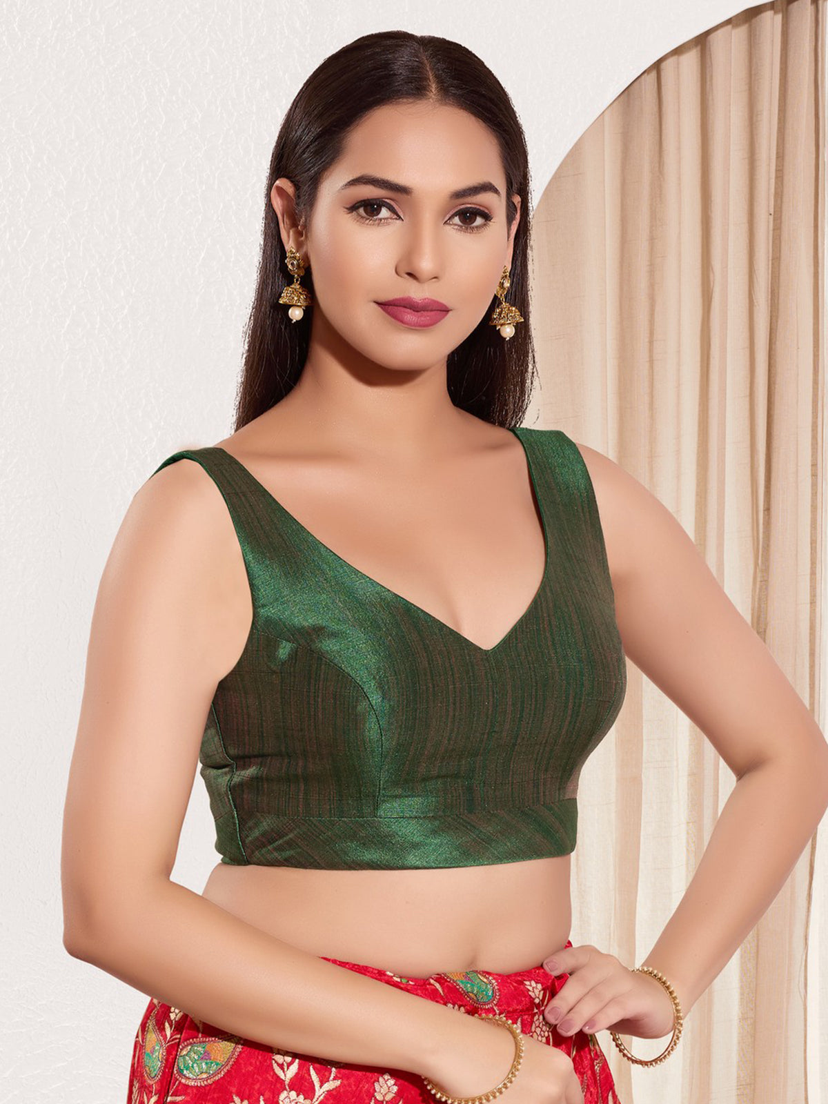 Dark green silk ready made blouse for women