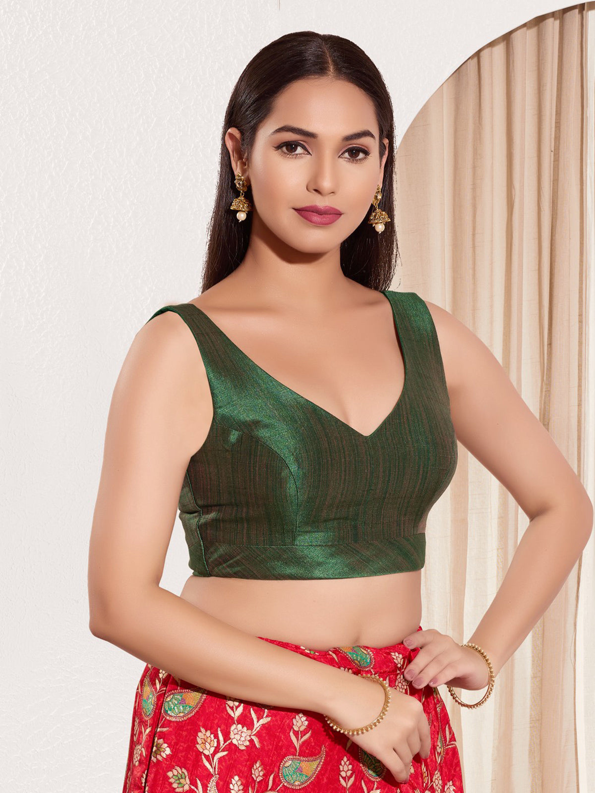 Dark green u neck back open silk blouse