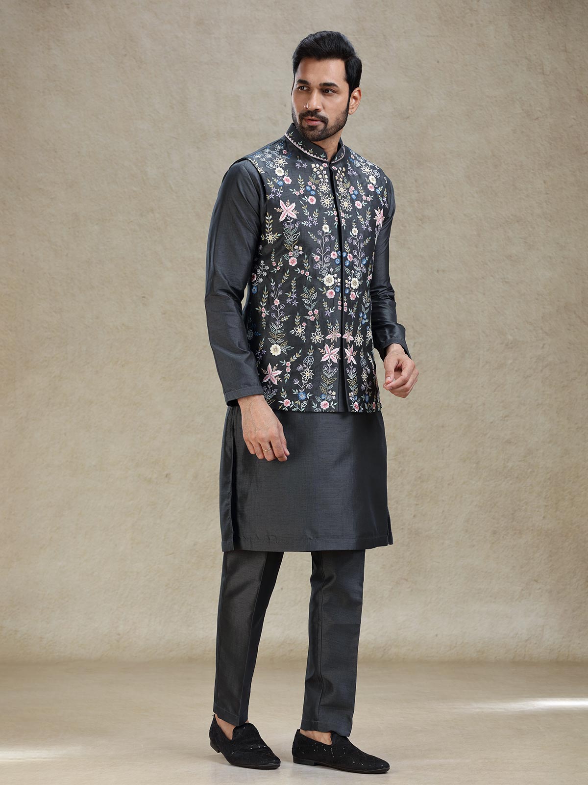 Dark grey kurta jacket set in colourful embroidery
