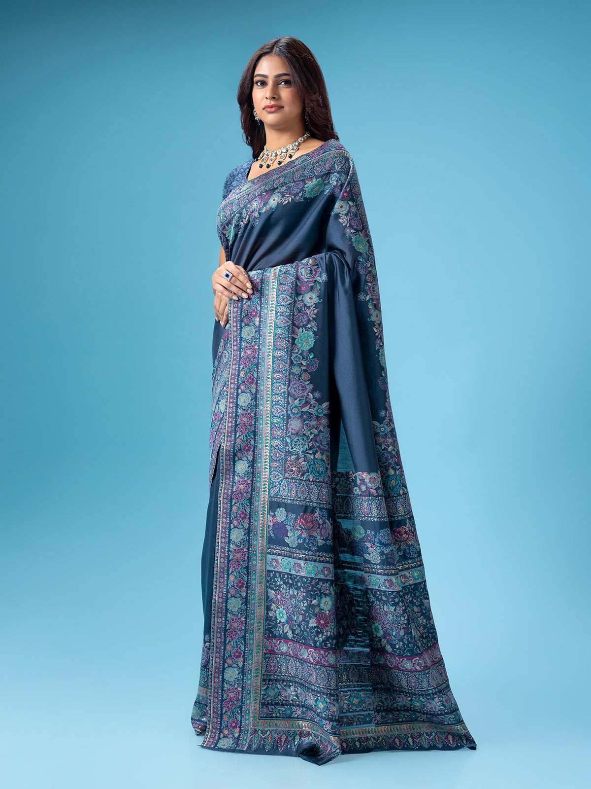 Dark grey pashmina silk saree for wedding wear