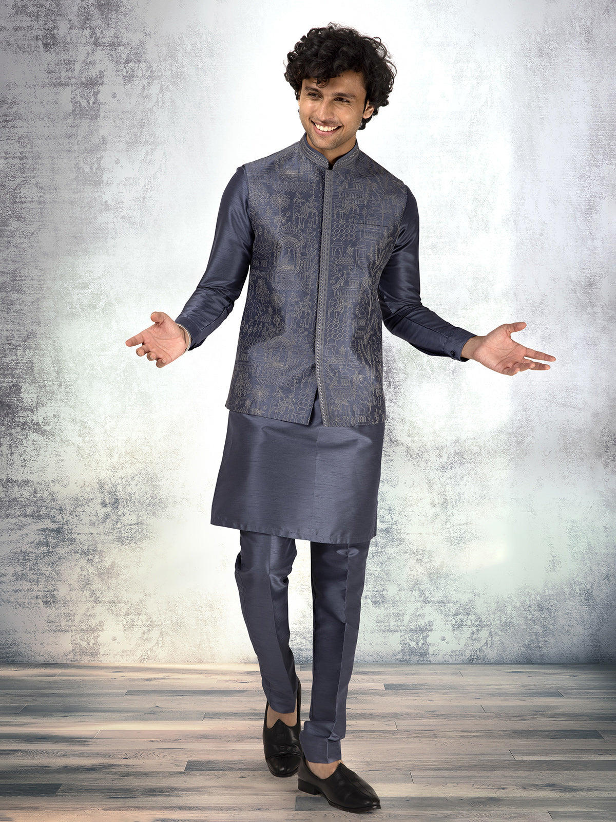 Dark grey silk waistcoat set with golden detailing