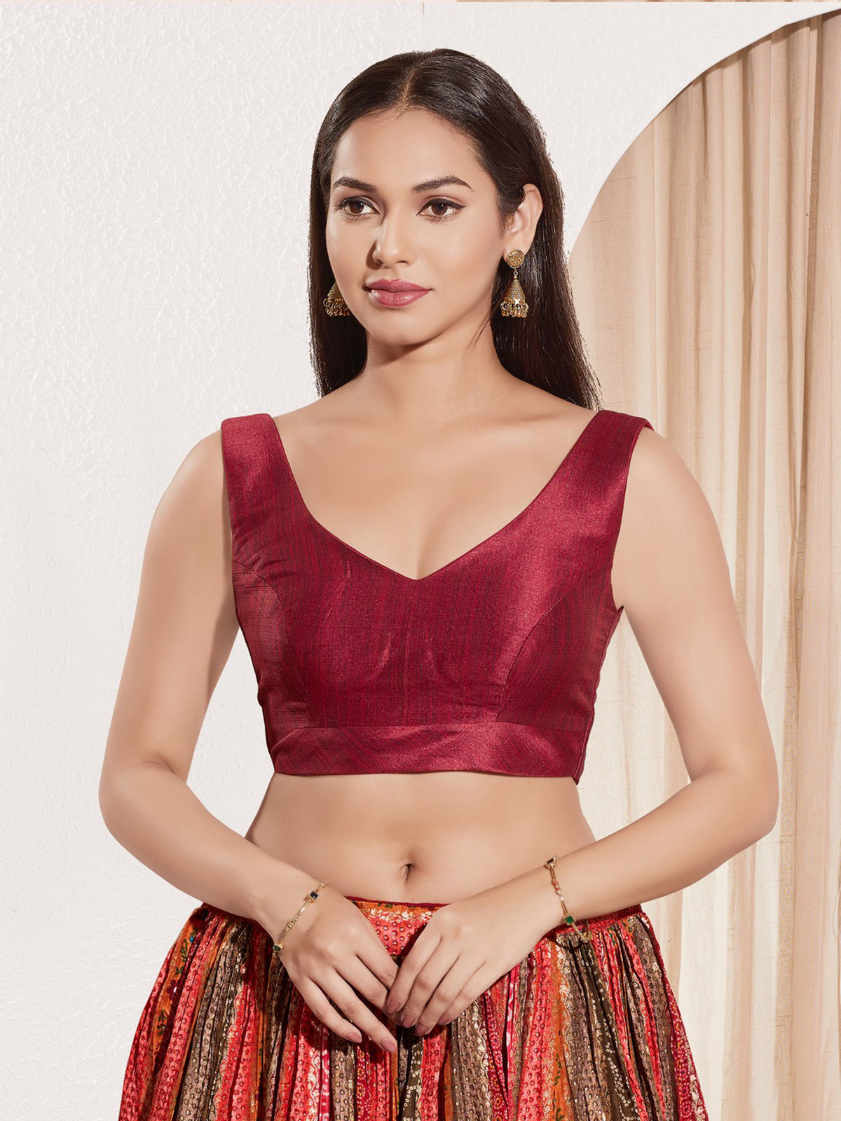 Dark maroon mulburry silk u neck festive blouse
