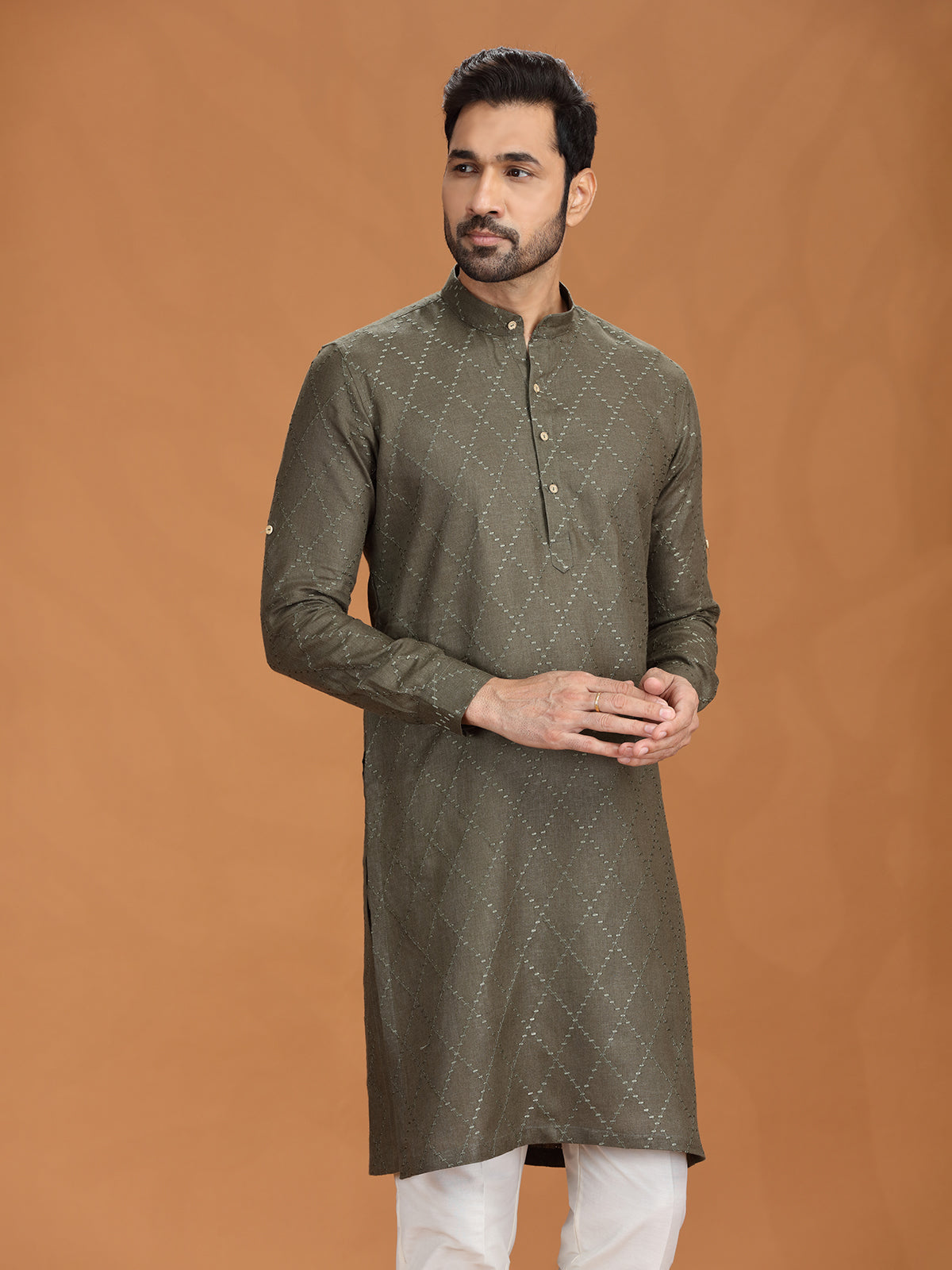 Dark olive embroidered festive linen kurta mens