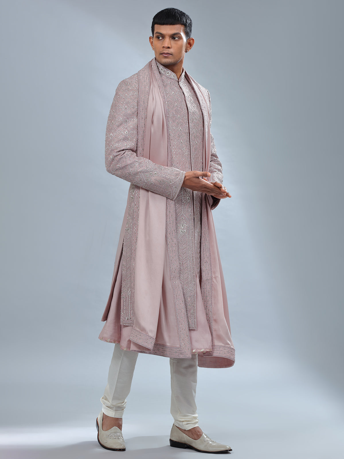 Dark peach peshwai style sherwani for groom