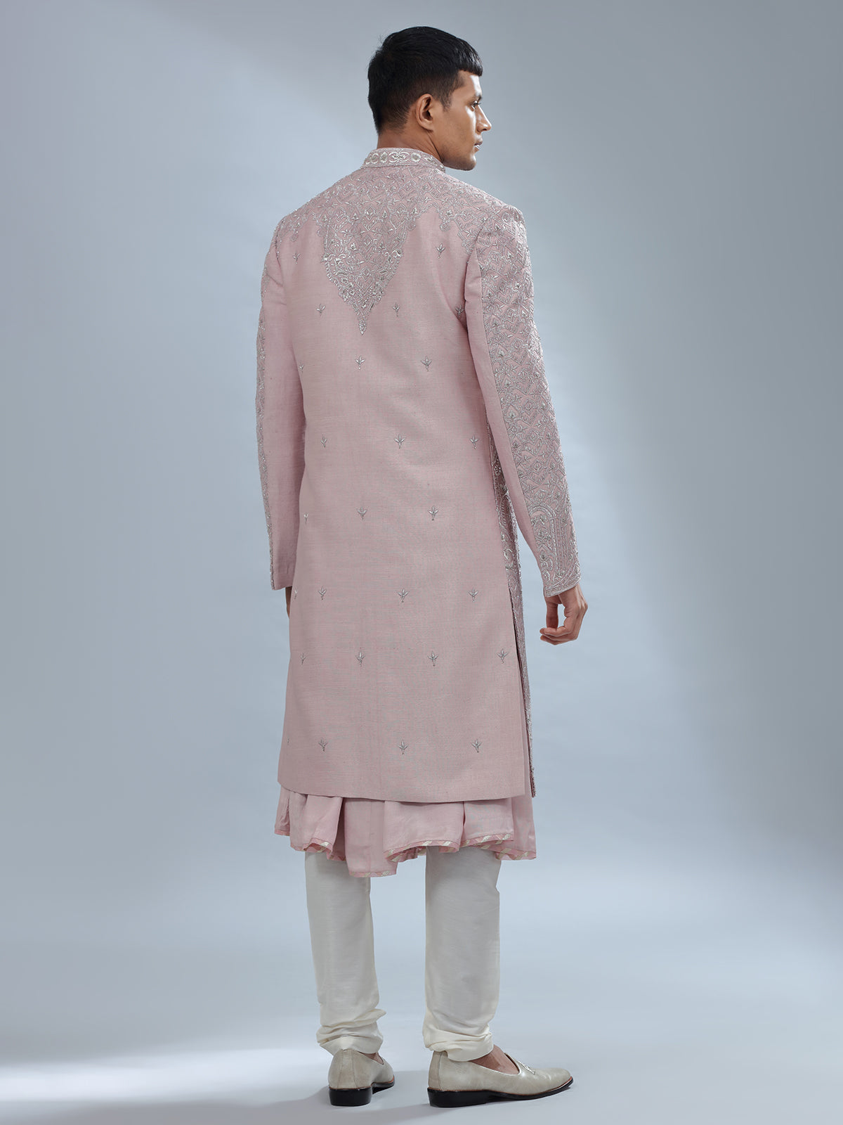 Dark peach peshwai style sherwani for groom