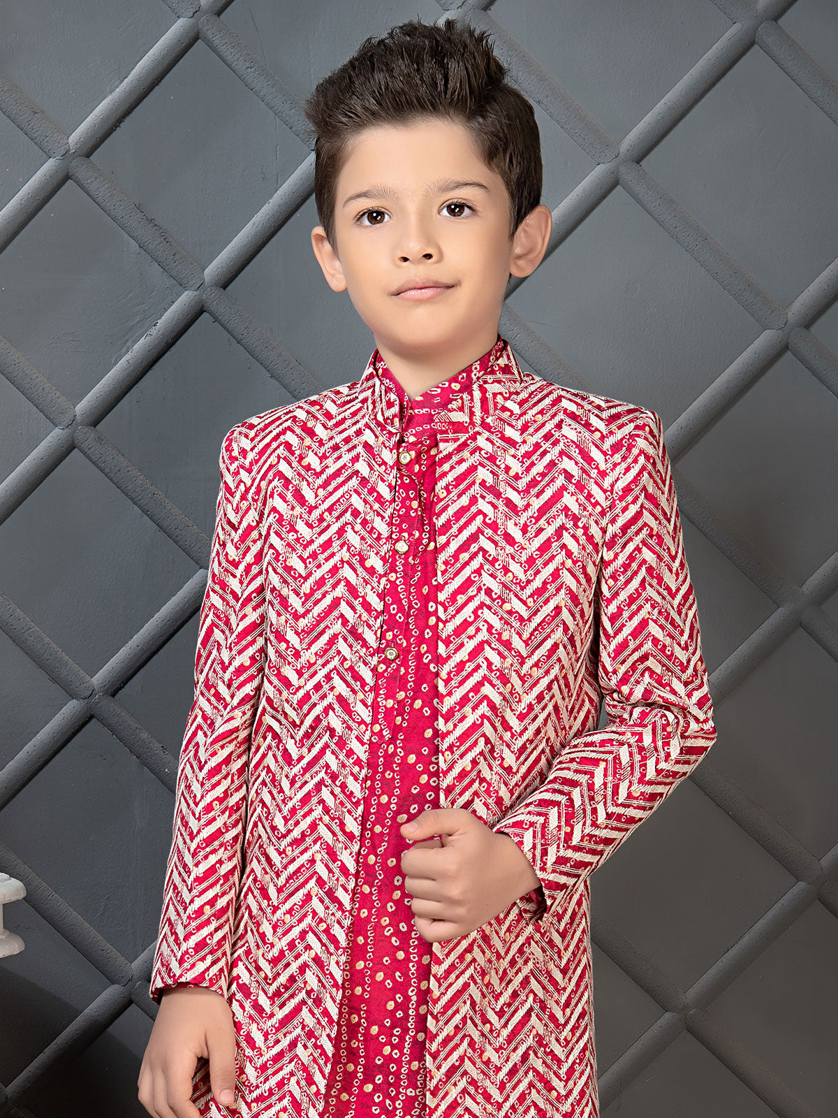 Dark pink wedding wear boys indowestern in silk