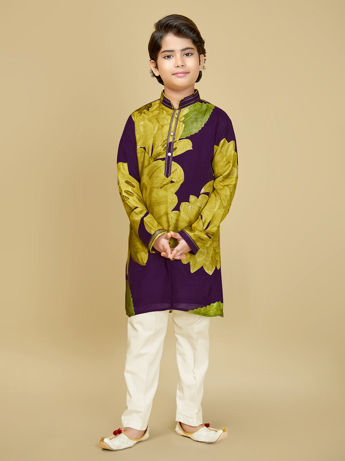 Dark purple cotton silk kurta suit with print pattern