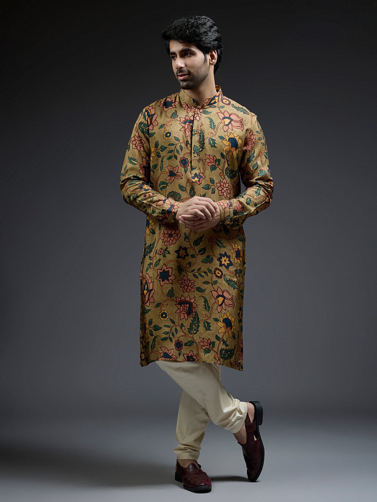 Dashing mehndi green flower printed silk kurta suit
