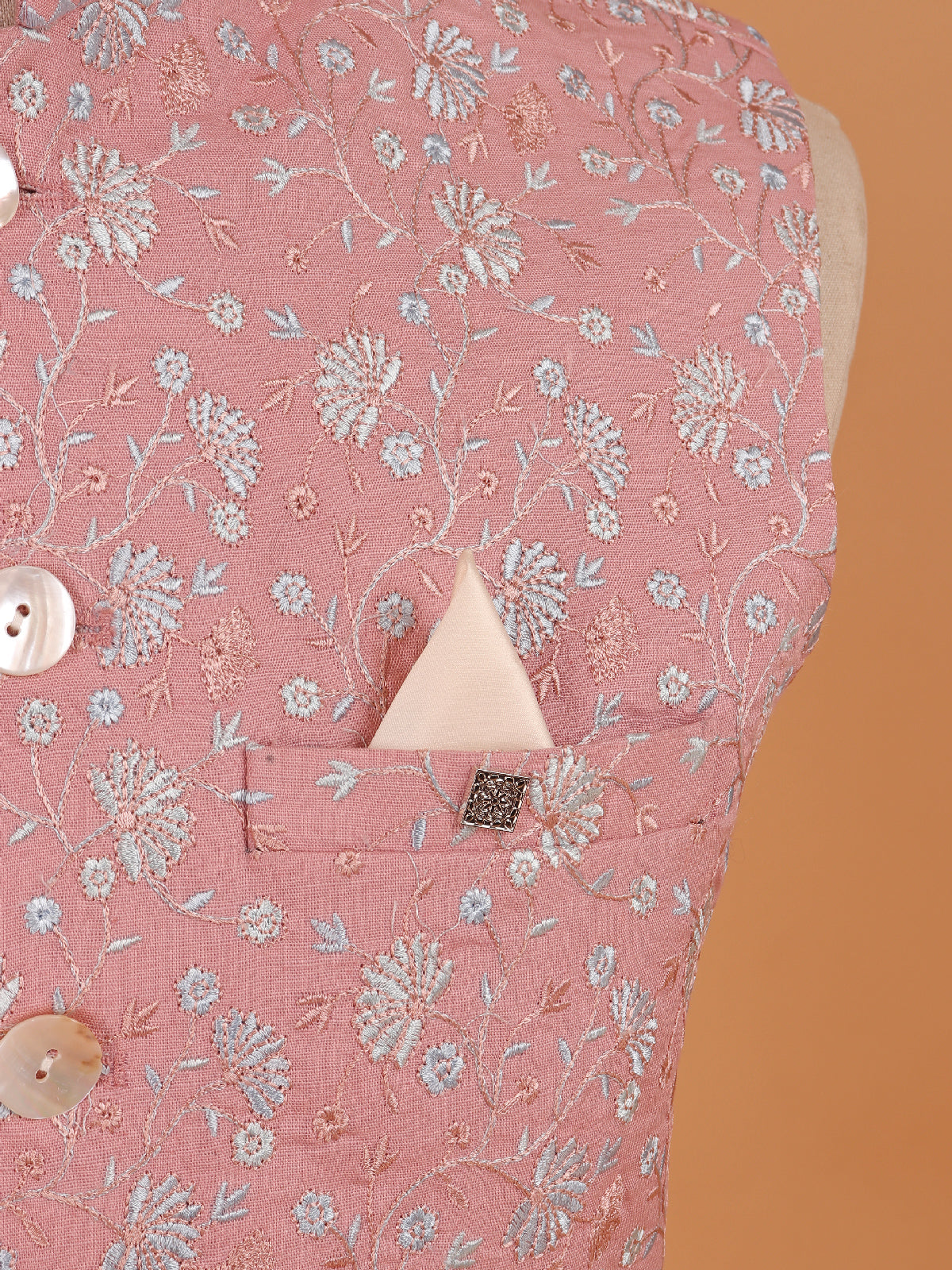 Deep pink embroidery cotton waistcoat for men