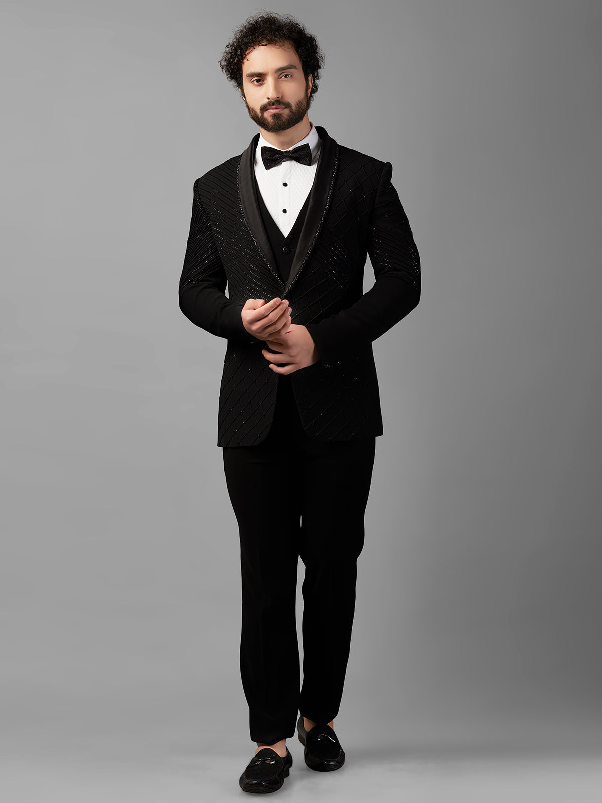 Designer black coat suit with cutdana work