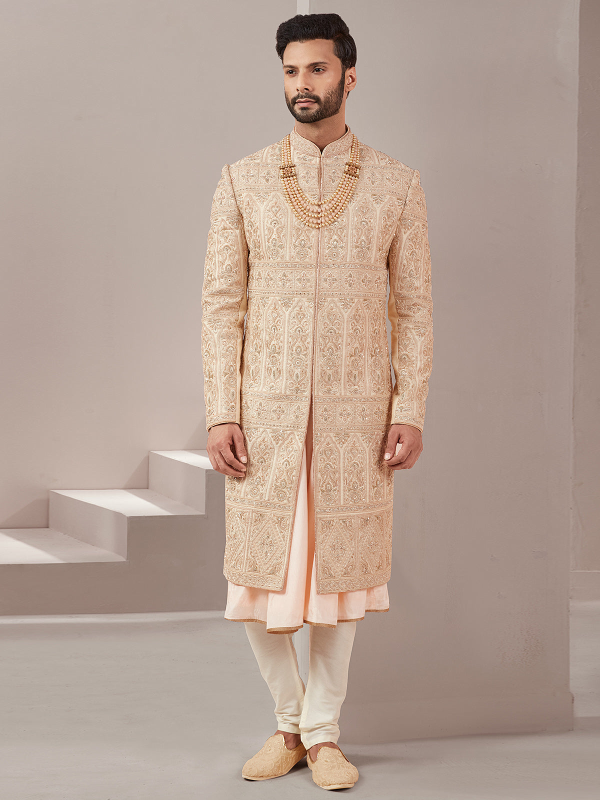 Designer peach color raw silk fabric sherwani