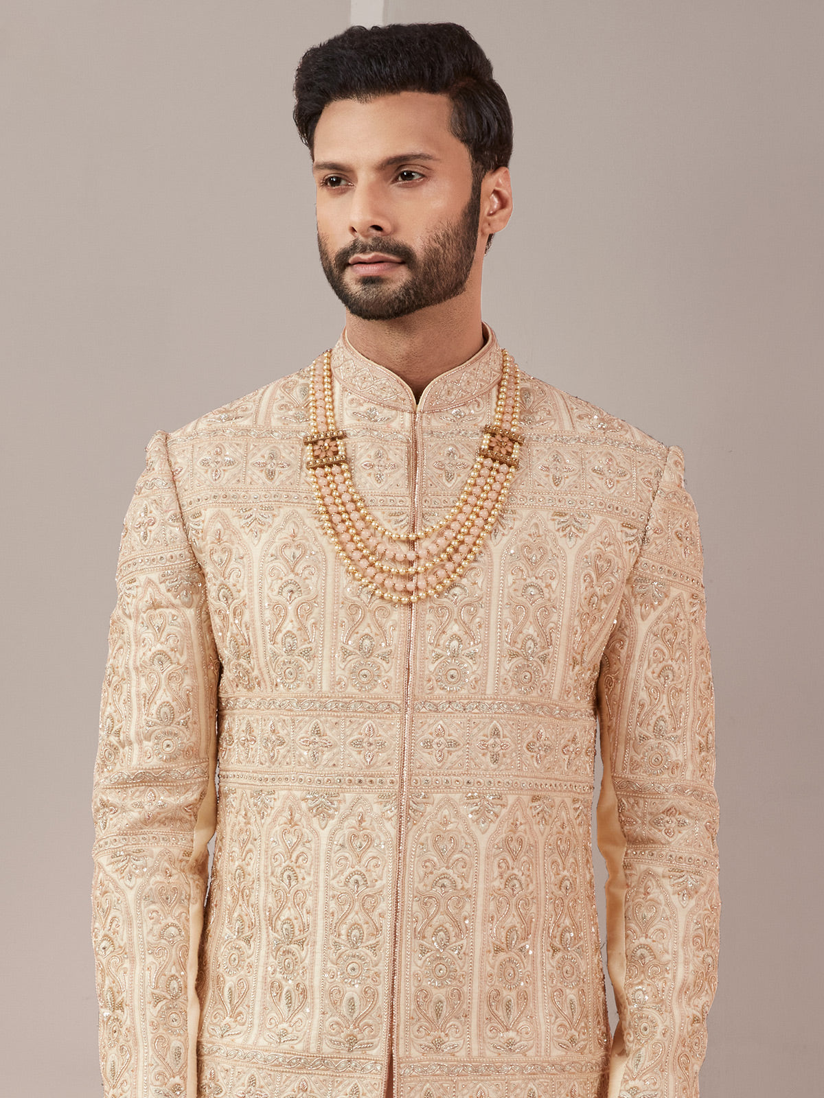 Designer peach color raw silk fabric sherwani