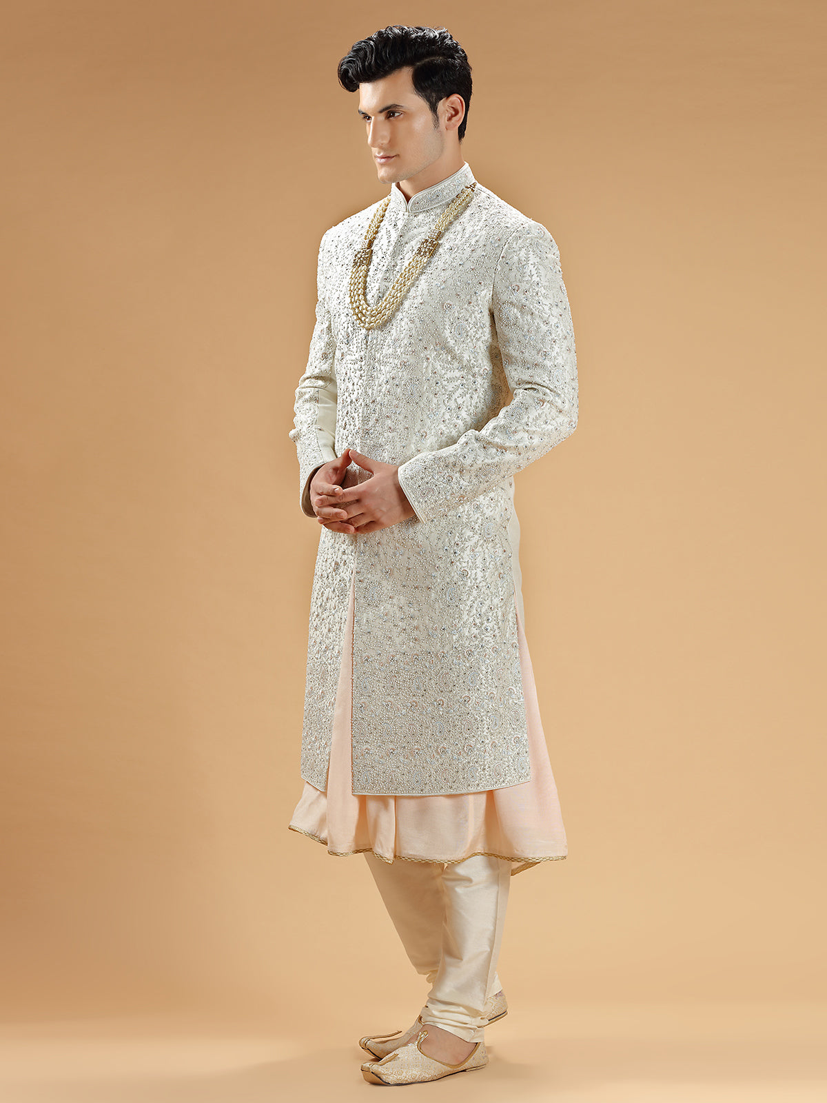 Designer raw silk sherwani in cream