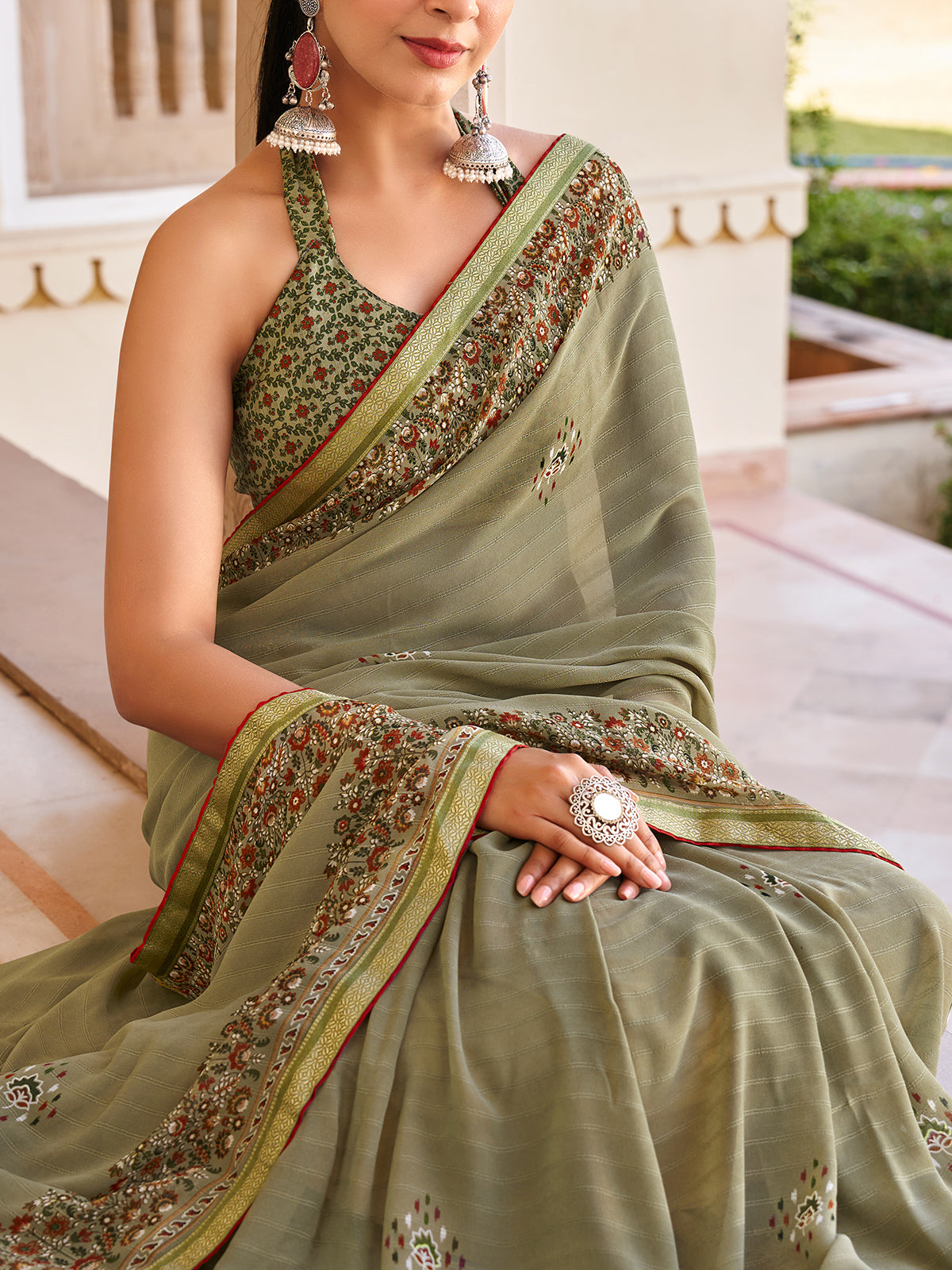 Dusty green printed georgette saree
