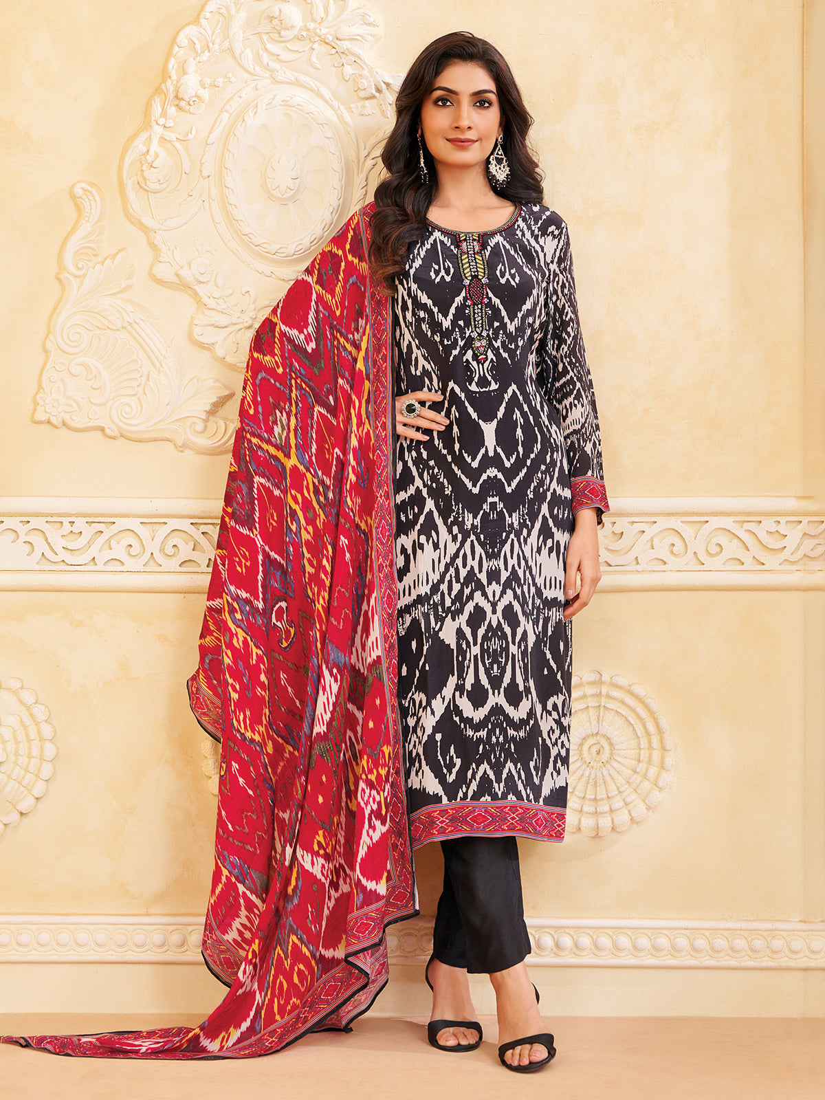 Elegant black silk printed full sleeve salwar suit