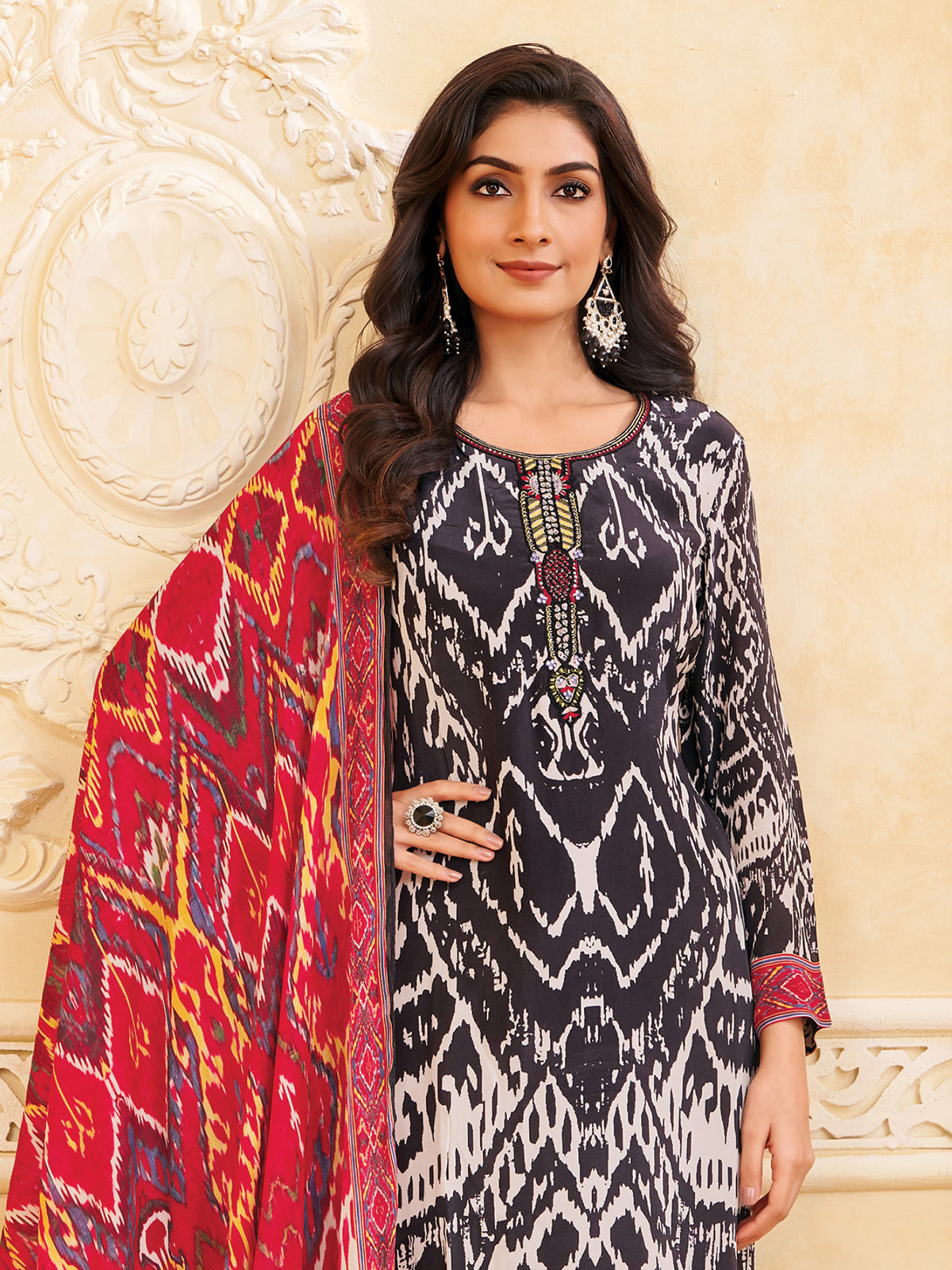 Elegant black silk printed full sleeve salwar suit