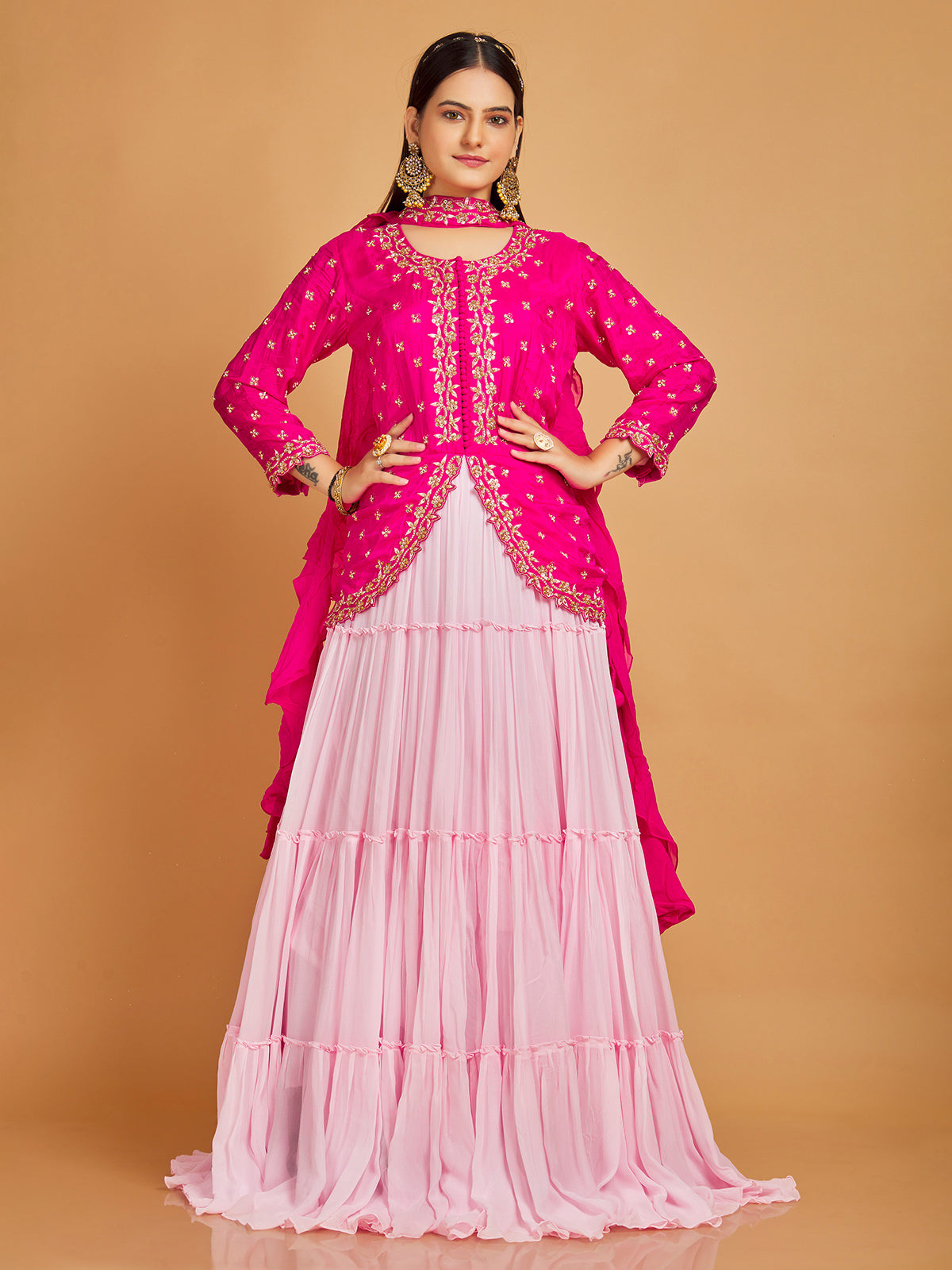 Elegant magenta and pink floor length suit