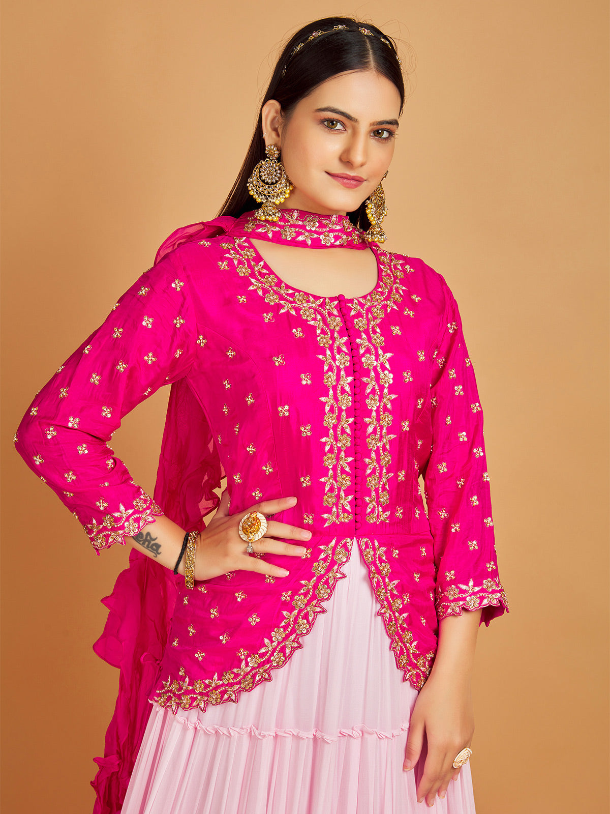 Elegant magenta and pink floor length suit