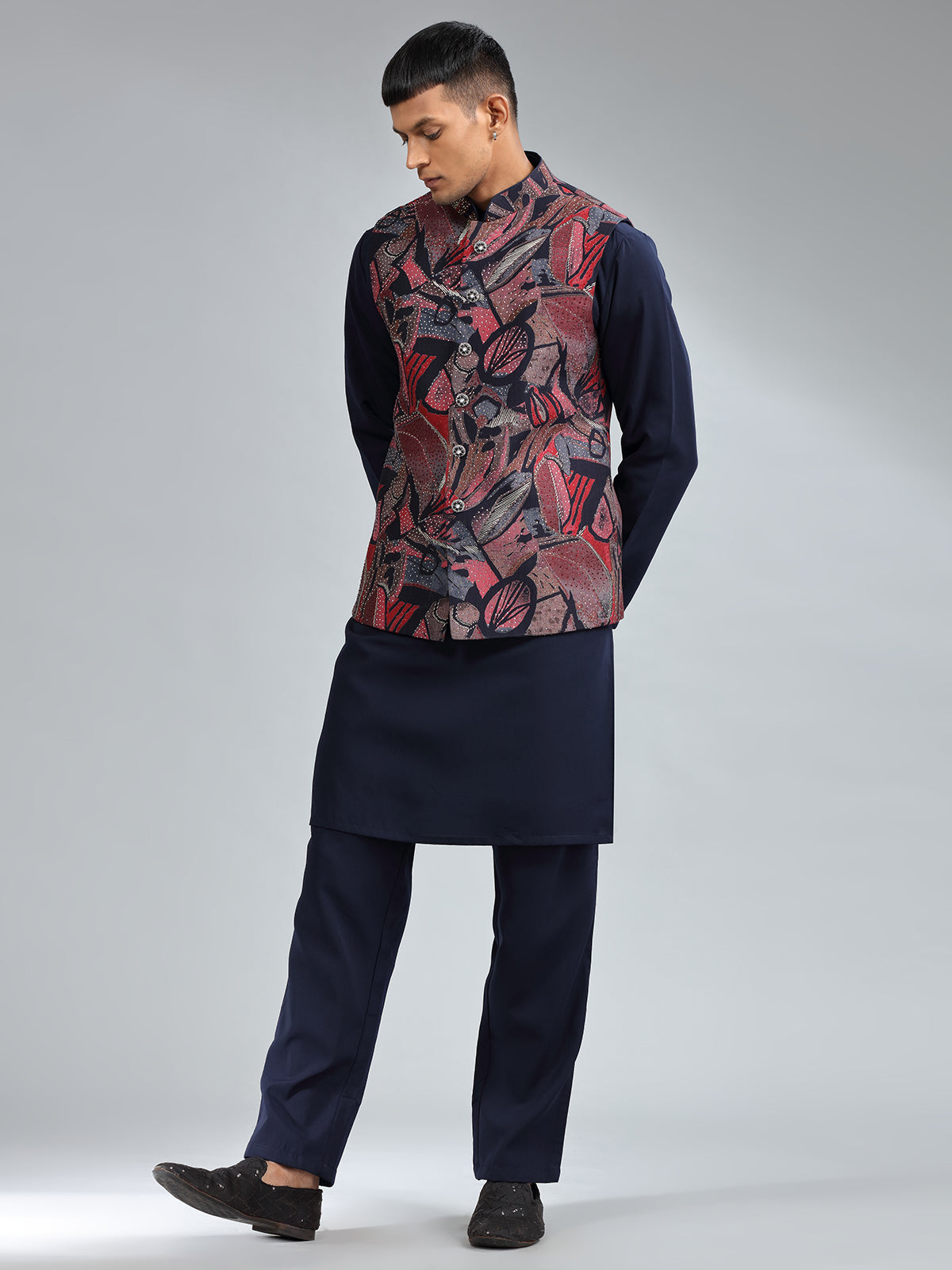 Elegant navy printed waistcoat set