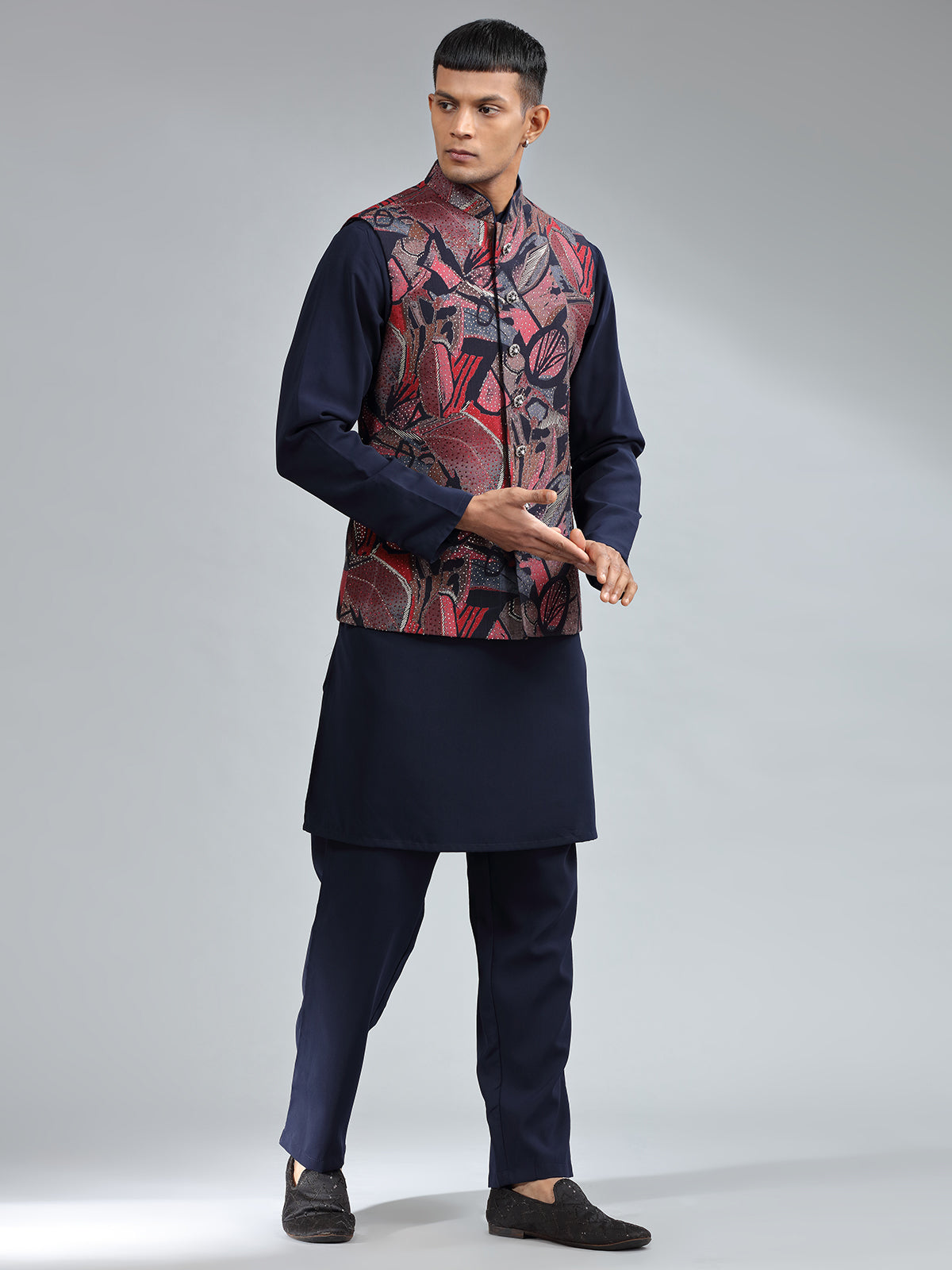 Elegant navy printed waistcoat set