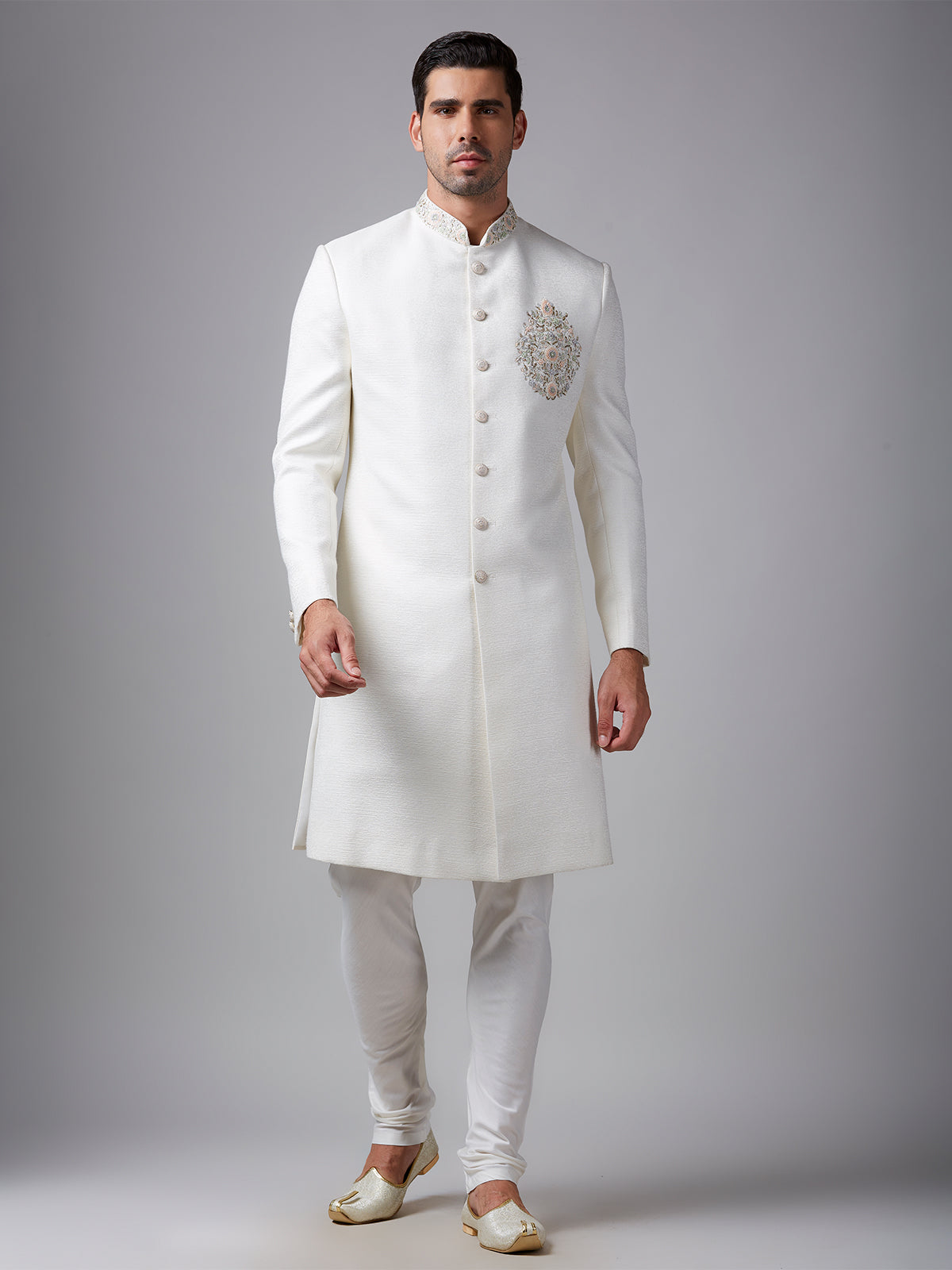 Elegant off-white raw silk indowestern