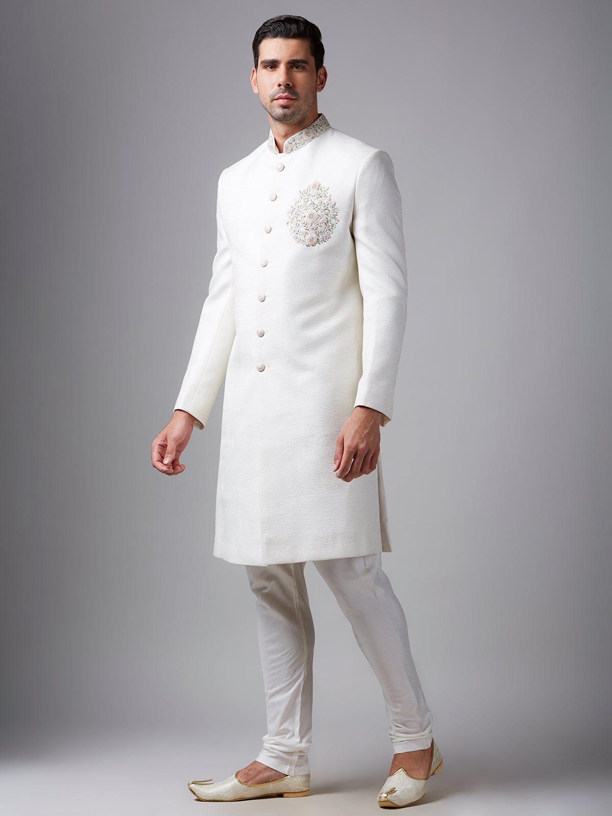 Elegant off-white raw silk indowestern