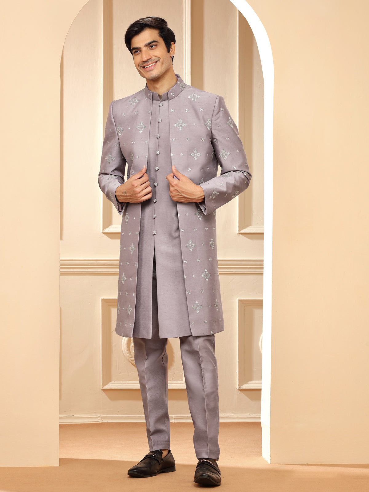 Elegant purple raw silk indowestern