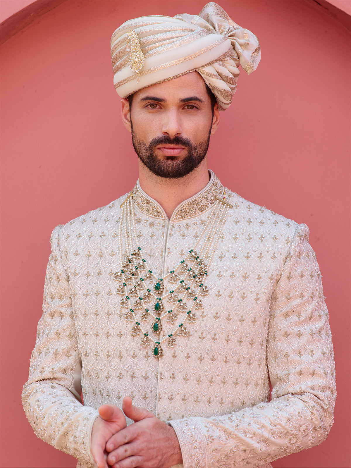 Elegant silk cream groom sherwani