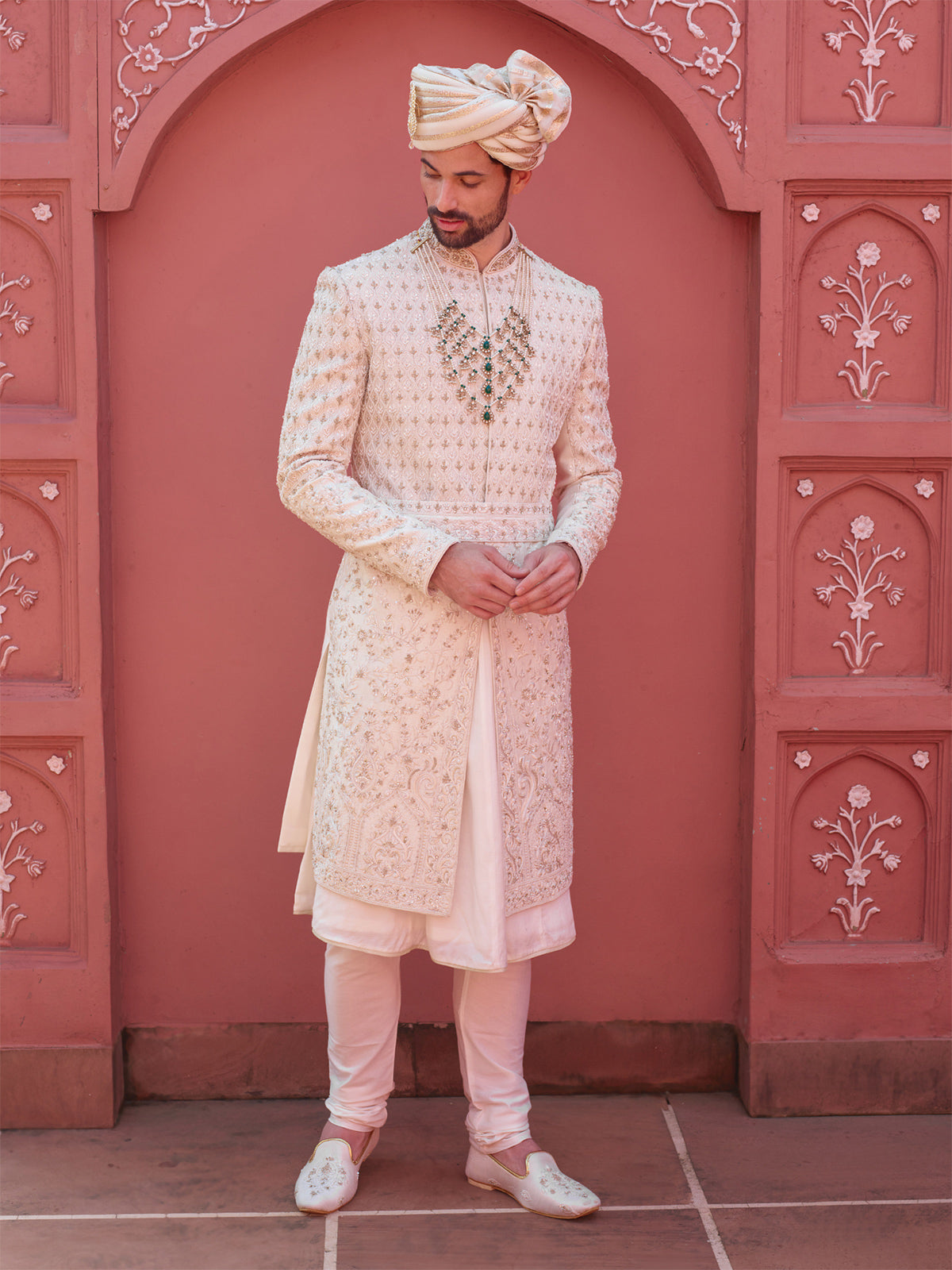 Elegant silk cream groom sherwani