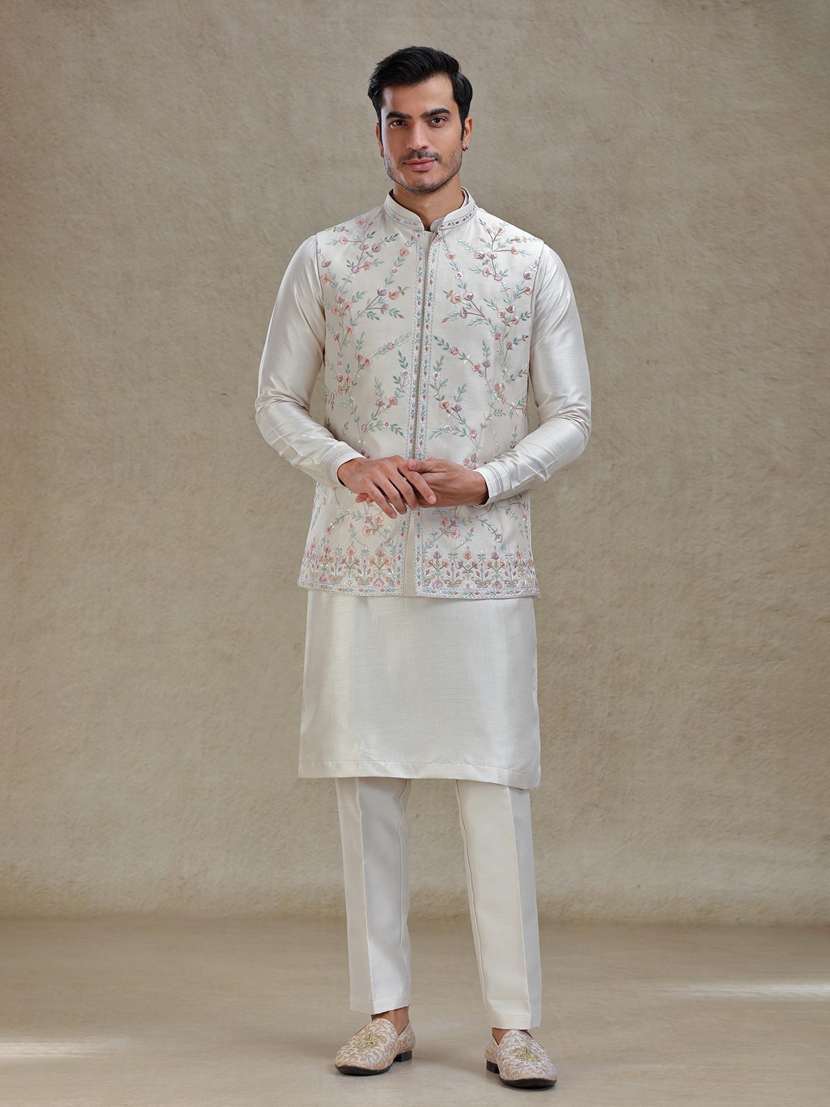 Fawn cream linen silk waistcoat set for wedding