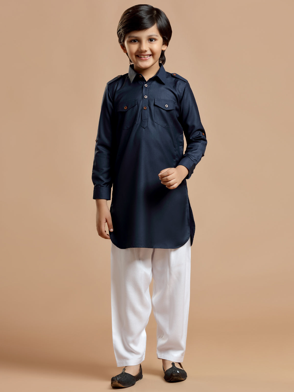 Festive navy plain cotton silk boys pathani suit