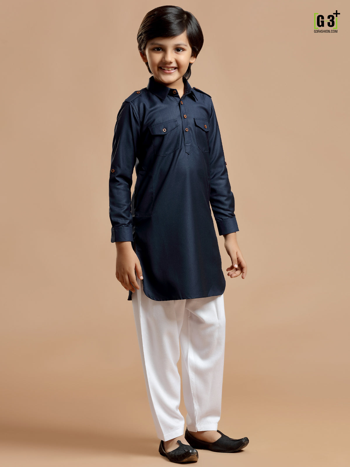 Festive navy plain cotton silk boys pathani suit