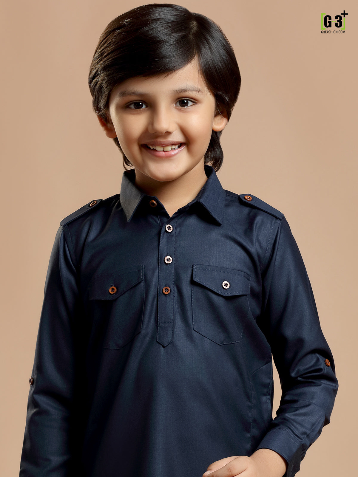 Festive navy plain cotton silk boys pathani suit