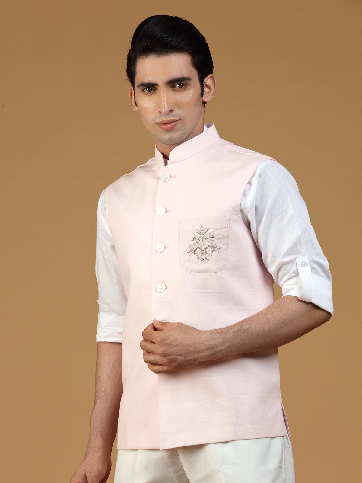 Festive wear linen waistcoat in light pink