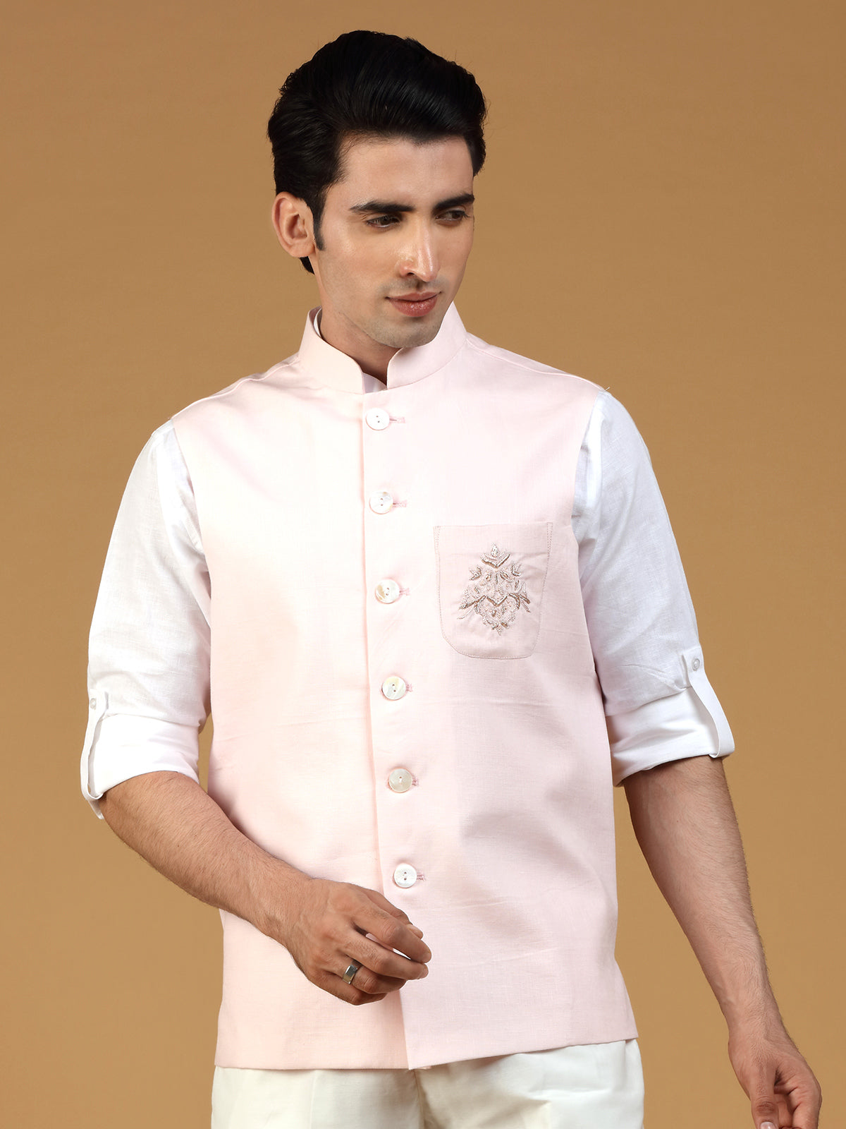 Festive wear linen waistcoat in light pink