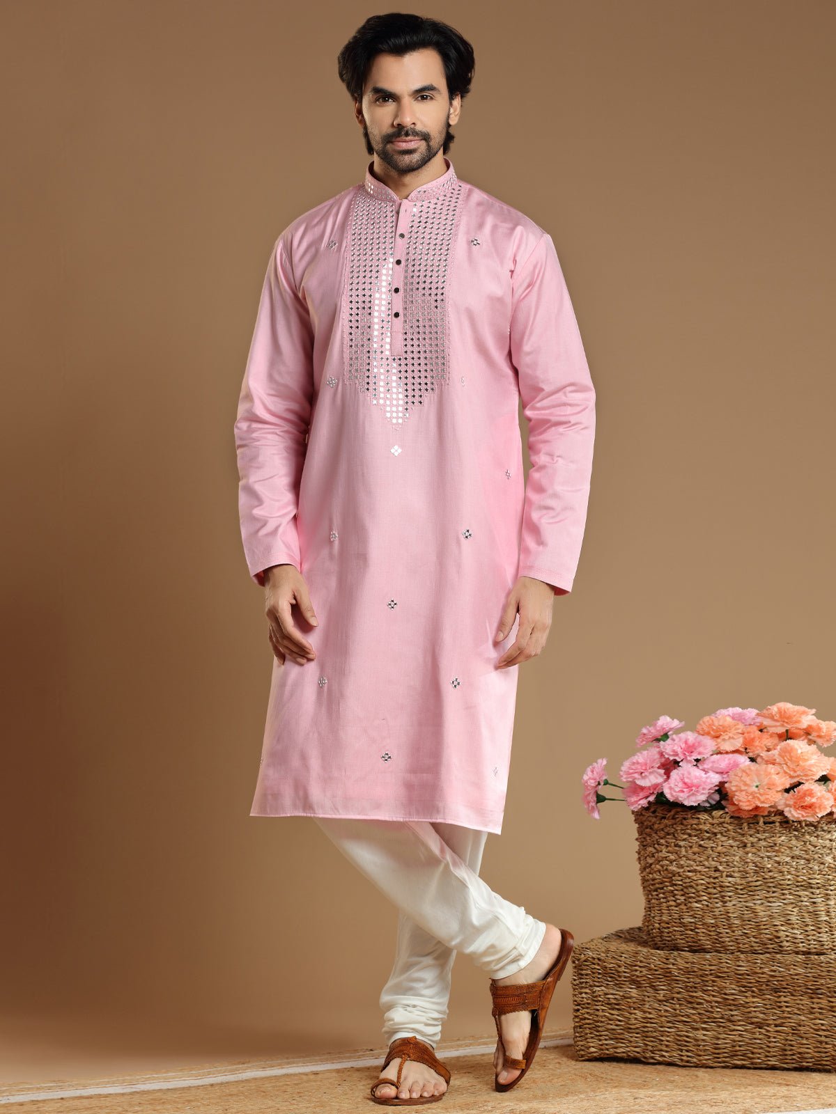 Festive wear pink kurta suit in cotton silk