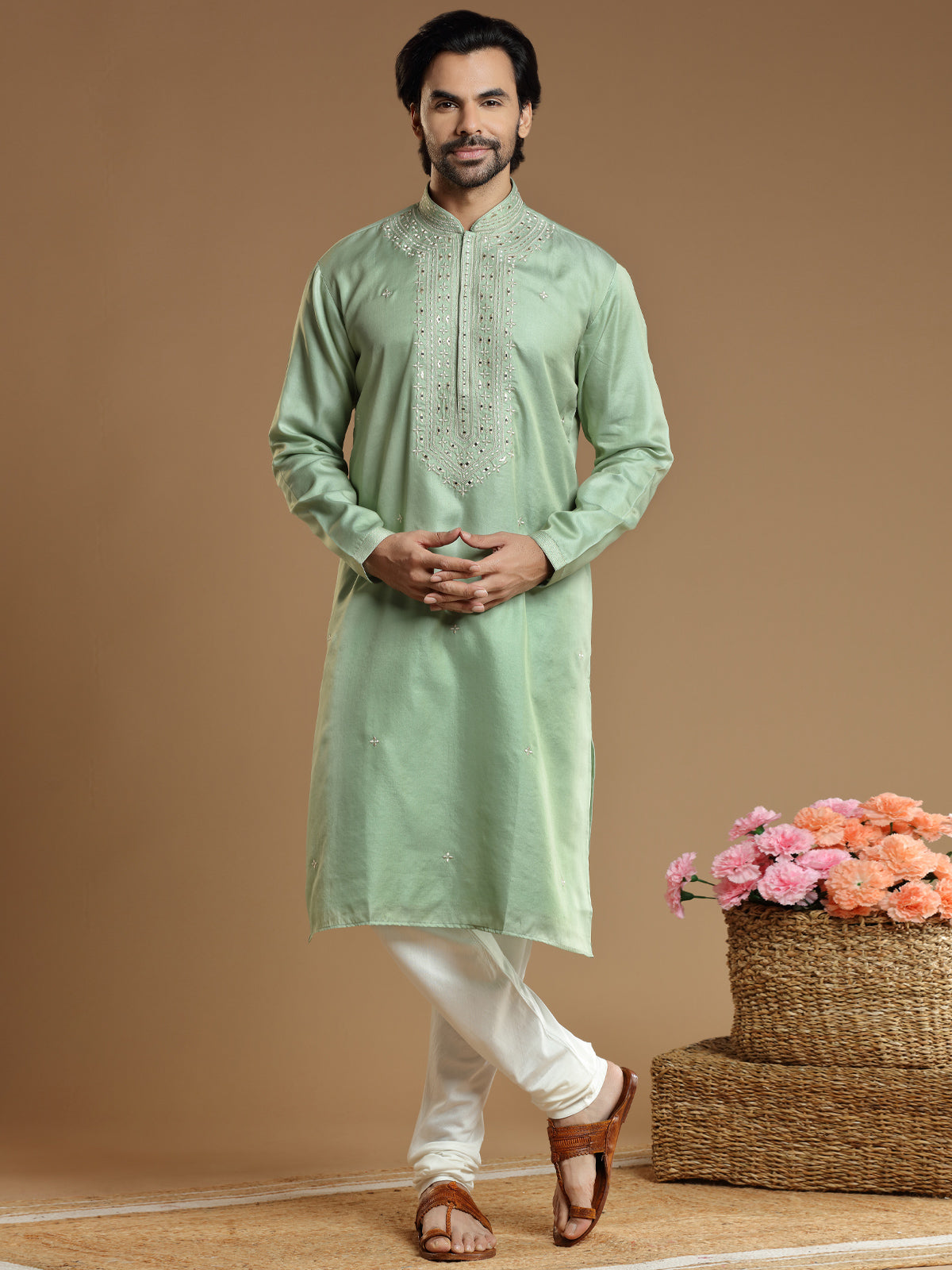 Festive wear pista green kurta suit in cottot silk