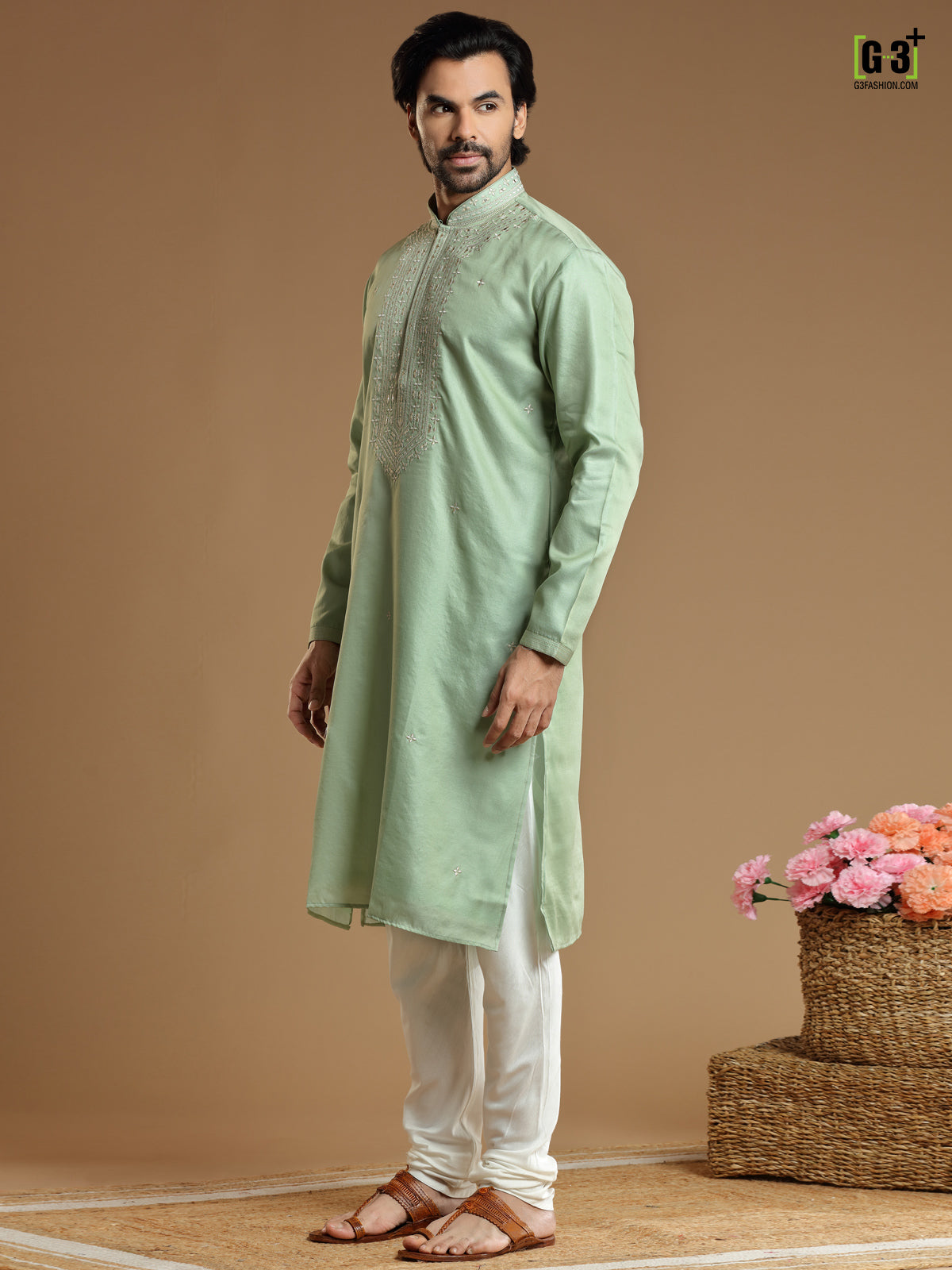 Festive wear pista green kurta suit in cottot silk