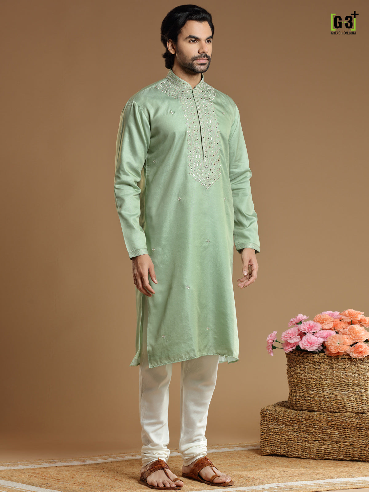 Festive wear pista green kurta suit in cottot silk