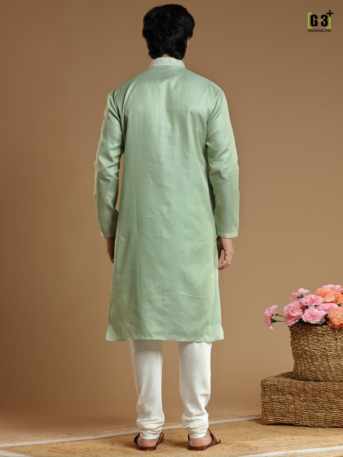 Festive wear pista green kurta suit in cottot silk